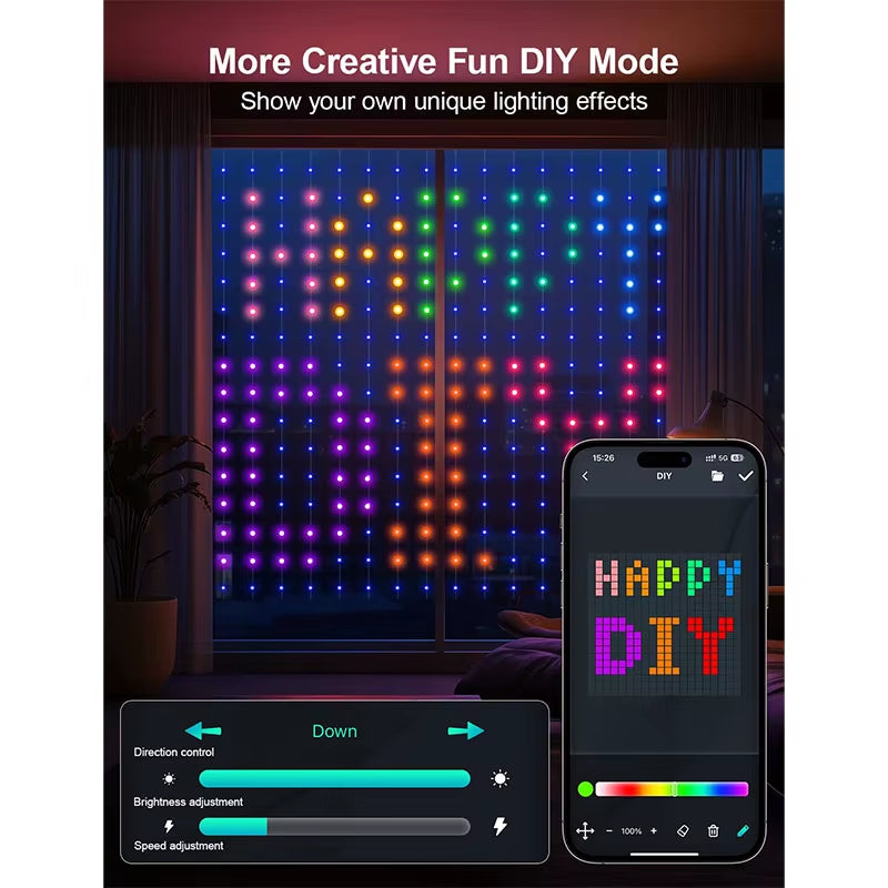 LED Decoration RGB Curtain Smart Lights App Controlled String Fairy Lights DIY Pattern and Text Programmable Music Sync Reote